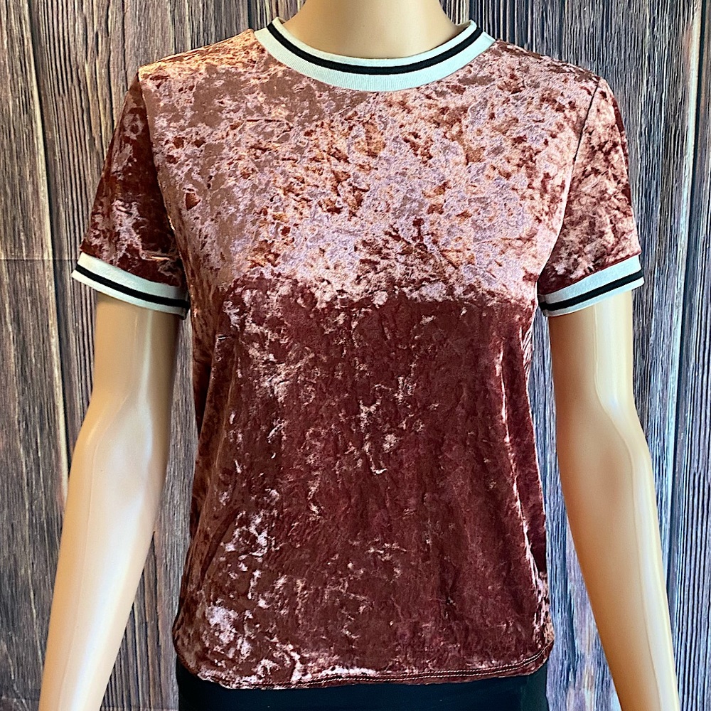 Sage USA pink peach velvet velour short sleeve size large sporty blouse